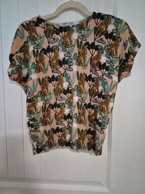 Pepaloves Anthropologie Leopard & Plants Knit Short Sleeve Sweater Tee XS